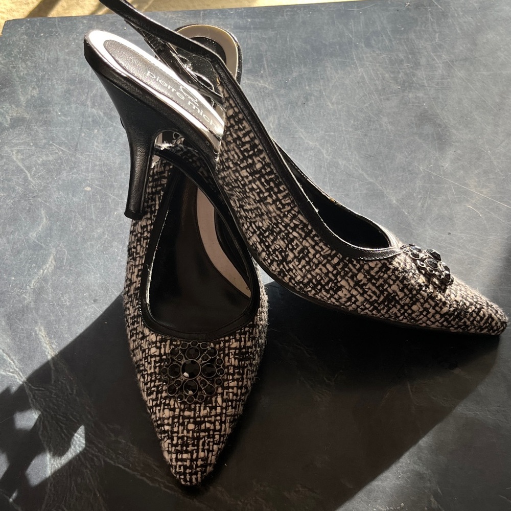 Pierre Michel Black and White Women's Slingback Heels. US 8.5